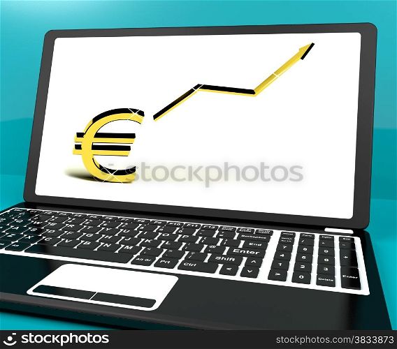 Euro Sign And Up Arrow On Computer For Earnings Or Profit. Euro Sign And Up Arrow On Computer Shows Earnings Or Profit