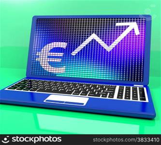Euro Sign And Up Arrow On Laptop For Earnings Or Profit. Euro Sign And Up Arrow On Laptop Shows Earnings Or Profit