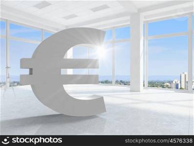 Euro sign in interior. Euro currency symbol in modern office white interior. Mixed media
