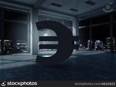 Euro sign in interior. Euro currency symbol in modern office white interior. Mixed media