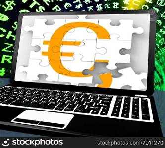 . Euro Sign On Laptop Shows Online Money Exchange Or European Finances
