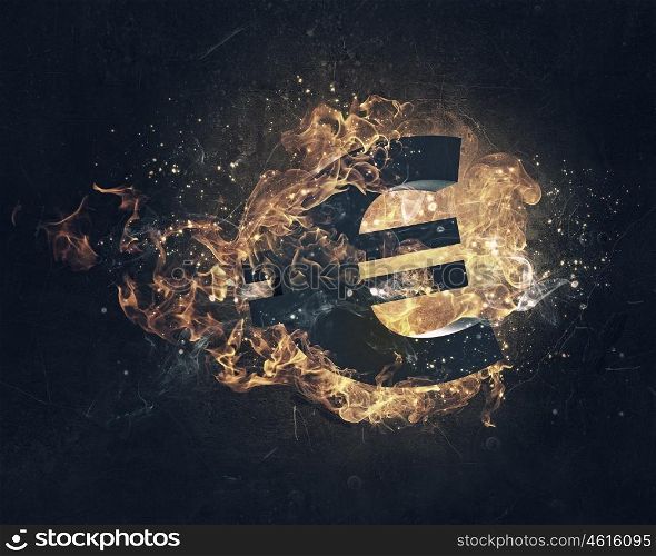 Euro symbol in fire. Conceptual background image with euro symbol in fire flames