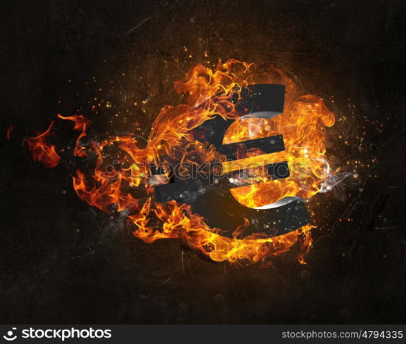 Euro symbol in fire. Euro currency sign burning in fire flames on dark background