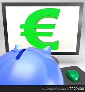 Euro Symbol On Monitor Shows European Fortune Or Wealth