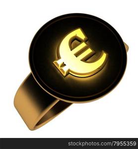 Euro symbol over golden and black ring, 3d render, isolated over white, square image