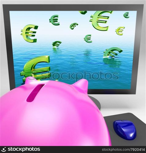 Euro Symbols Drowning On Monitor Shows European Depression Or Problems