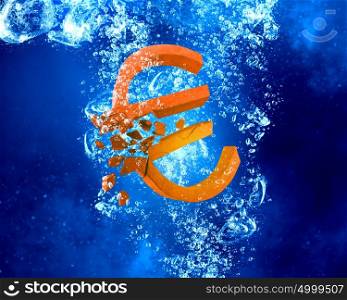Euro underwater. Euro sign sinking in clear blue water