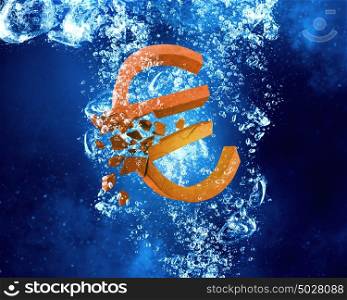 Euro underwater. Euro sign sinking in clear blue water