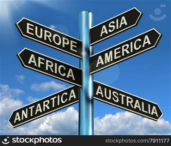 Europe Asia America Africa Antartica Australia Signpost Showing Continents For Travel Or Tourism. Europe Asia America Africa Antartica Australia Signpost Shows Continents For Travel Or Tourism