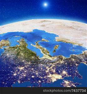 Europe at night. Elements of this image furnished by NASA. 3d rendering. Europe at night