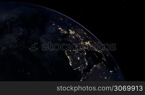 Europe at night. Extremely detailed image, including elements furnished by NASA. 3d animation with some light sources, reflections and post-processing. Earth maps courtesy of NASA