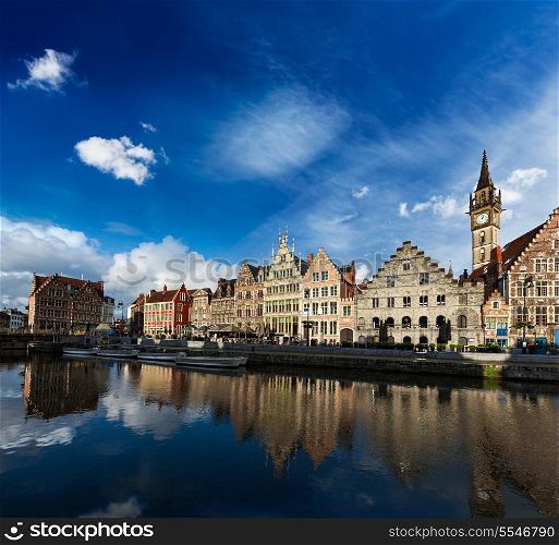 Europe Belgium medieval town travel background - Ghent canal and Graslei street on sunset. Ghent, Belgium