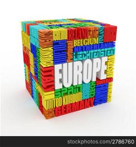 Europe. Box from name of european countries. 3d