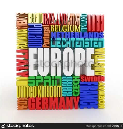Europe. Box from name of european countries. 3d