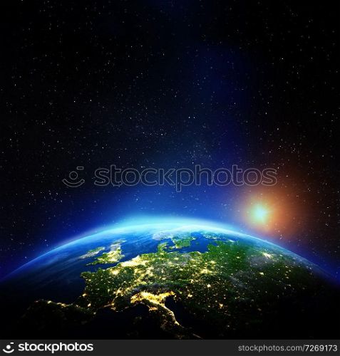 Europe city lights. Elements of this image furnished by NASA. 3d rendering. Europe city lights
