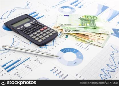 europe currency on financial charts, expense cash flow summarizing and graphs background, concepts for saving money, budget management, stock exchange, investment and business income report