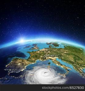 Europe cyclone. 3D rendering. Europe cyclone. Elements of this image furnished by NASA. 3D rendering. Europe cyclone. 3D rendering