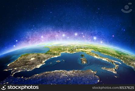 Europe from space galaxy stars. 3D rendering. Europe from space galaxy stars. Elements of this image furnished by NASA. 3D rendering. Europe from space galaxy stars. 3D rendering