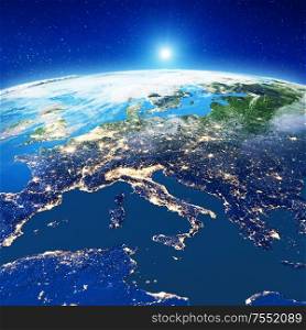 Europe - Italy city lights. Elements of this image furnished by NASA. 3d rendering. Europe - Italy city lights