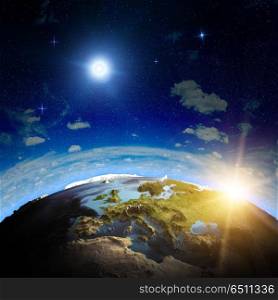 Europe sunrise 3d planet. Europe sunrise. Elements of this image furnished by NASA. Europe sunrise 3d planet