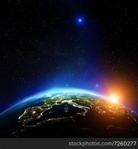 Europe sunrise from space. Elements of this image furnished by NASA. 3d rendering. Europe sunrise from space