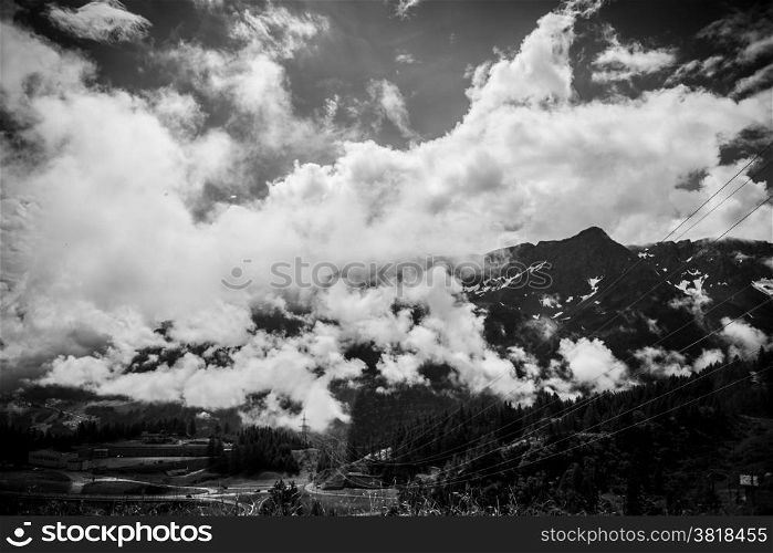 European alps, high contrast mountain photo in black and white