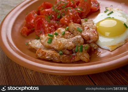 European breakfast - egg, bacon and tomato.
