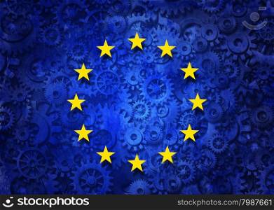 European business concept as a group of machine gears with the flag of europe as a concept for the economy and a financial system icon.