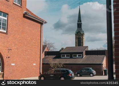 European church in vintage style on village classic background