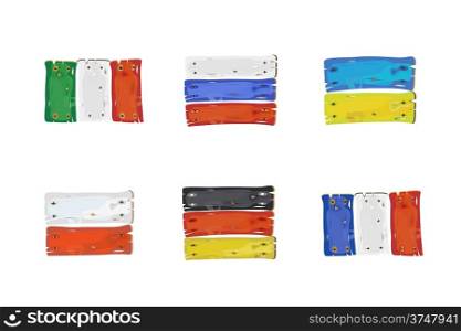 European countries flags made of wooden planks isolated on white illustration (Italy,Russia,Ukraine,Poland,Germany,France)