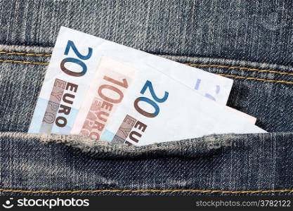 European currency banknotes in the jeans pocket