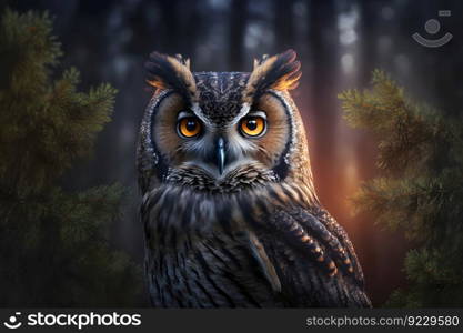 European eagle owl perched on a post and staring forward against a dark background the eyes are penetrating the viewer. Neural network AI generated art. European eagle owl perched on a post and staring forward against a dark background the eyes are penetrating the viewer. Neural network generated art