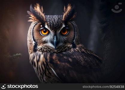 European eagle owl perched on a post and staring forward against a dark background the eyes are penetrating the viewer. Neural network AI generated art. European eagle owl perched on a post and staring forward against a dark background the eyes are penetrating the viewer. Neural network generated art