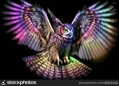 European eagle owl with big wings in multicolor epic style. Neural network AI generated art. European eagle owl with big wings in multicolor epic style. Neural network generated art