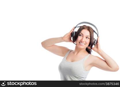 European girl with headphones on a white background