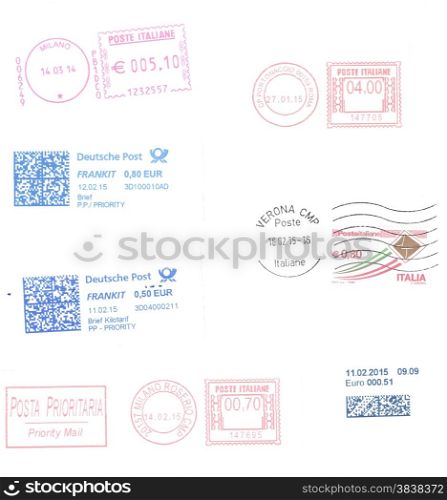 european postage meters isolated over white. european postmarks