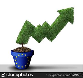 European stocks rise and Europe economic prosperity as a global rally as a symbol of growth as a plant arrow chart growing upward to higher profits and gains or positive sentiment with 3D illustration elements.
