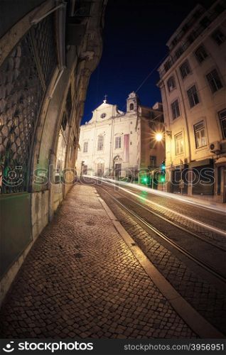 European street at night, Lisbon, Portugal