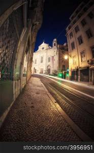 European street at night, Lisbon, Portugal