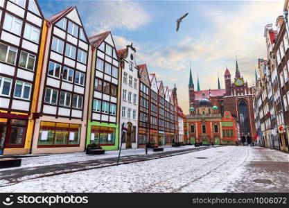 European street of Gdansk with colorful facades, Four Quarters Fountain, Royal Chapel and the Basilica of the Assumption of the Blessed Virgin Mary.. European street of Gdansk with colorful facades, Four Quarters Fountain, Royal Chapel and the Basilica of the Assumption of the Blessed Virgin Mary