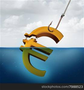 European tax concept and lower returns business idea as a three dimensional Euro currency sign in the water with a fishing hook pulling a portion of the financial symbol as a profit taking metaphor for inferior performance or taxation.