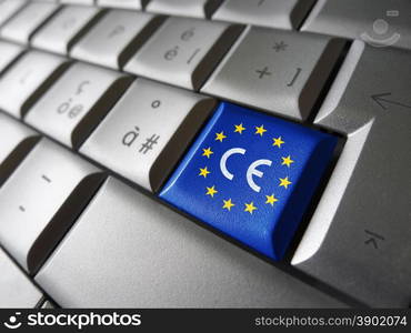 European Union and EU community CE marking concept with sign, symbol and EU flag on a computer key.