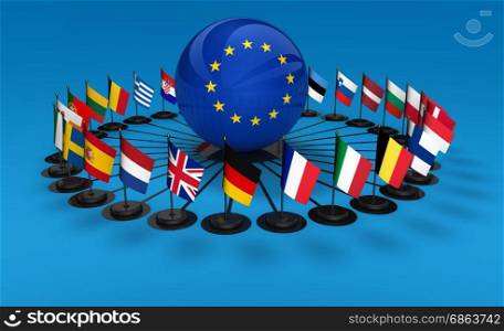 European union and international business relationships in Europe concept with EU countries flags 3D illustration.