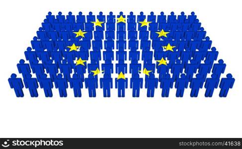 European Union community concept with EU flag on people parade 3D illustration on white background.