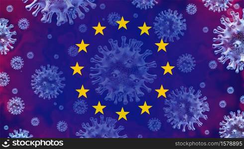 European union coronavirus outbreak and covid-19 and influenza spread as dangerous EU flu as a pandemic or epidemic medical health risk concept with disease cells as a 3D render