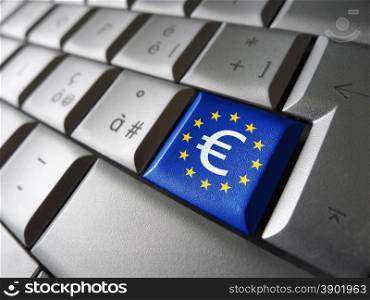European Union financial concept image with euro symbol, sign and icon on a laptop computer key with EU flag for blog, website and online business.