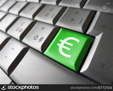 European Union financial concept image with euro symbol, sign and icon on a green laptop computer key for blog, website and online business.