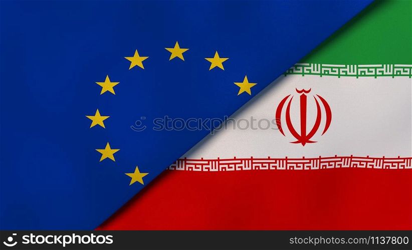 European Union Iran national flags. News, reportage, business background. 3D illustration.. European Union Iran national flags. News, reportage, business background. 3D illustration