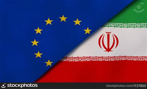 European Union Iran national flags. News, reportage, business background. 3D illustration.. European Union Iran national flags. News, reportage, business background. 3D illustration