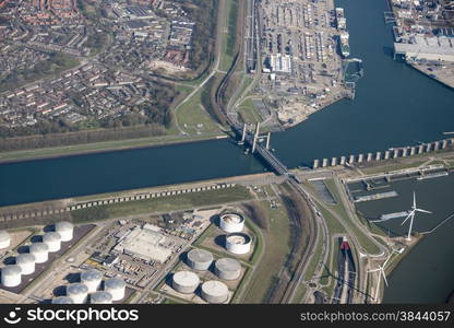 europoort oil tanks and the bridge of rozenburg called callandbridge from air plane